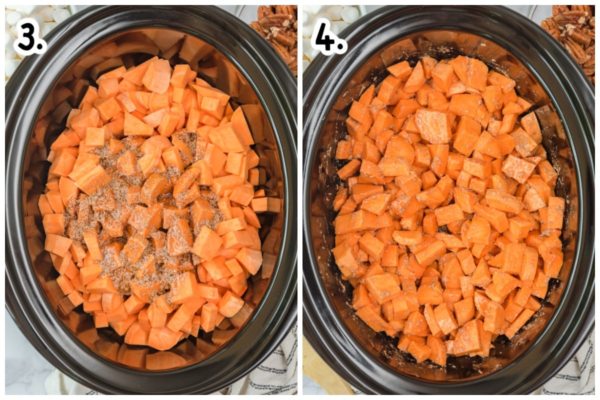 cubed sweet potatoes in slow cooker, 2 image collage