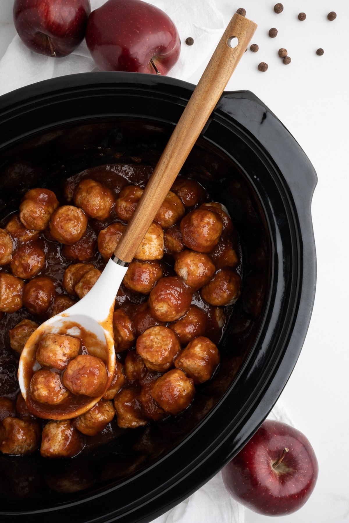 done cooking apple butter meatballs in slow cooker.