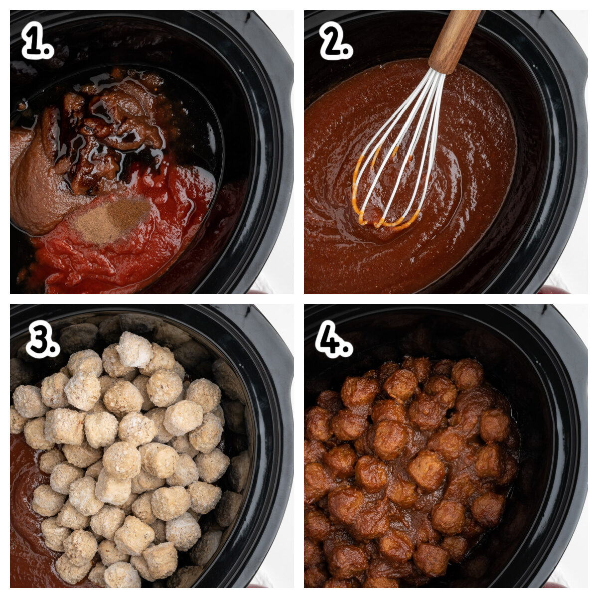 collage of how to assemble apple butter meatballs in slow cooker.