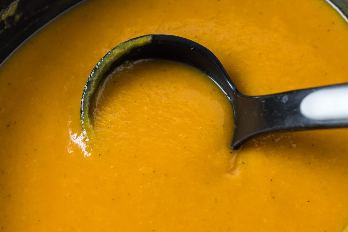 butternut squash soup in slow cooker, blended