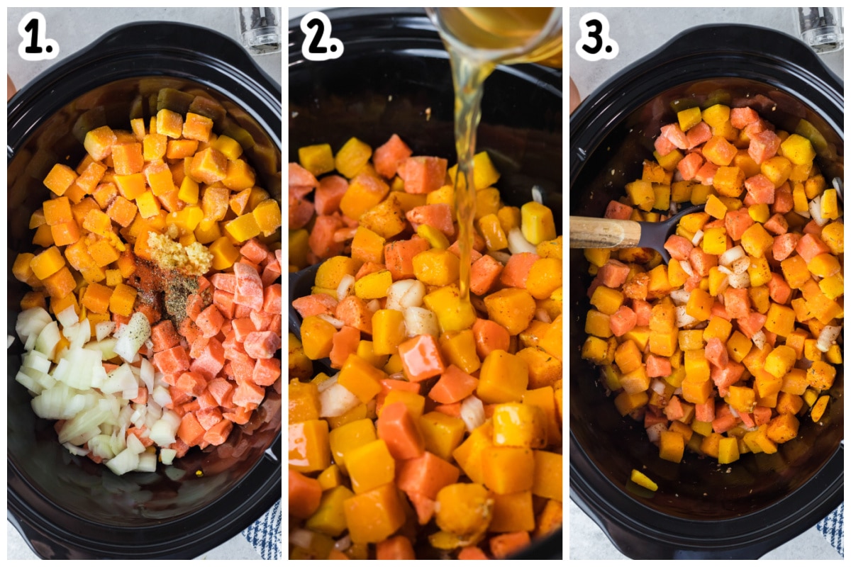 3 image collage of how to add ingredients for butternut squash soup in crockpot