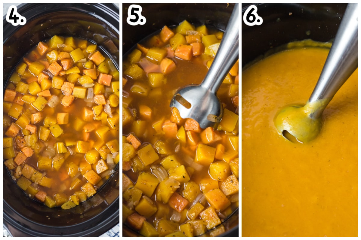 3 image collage on how to blend butternut squash soup
