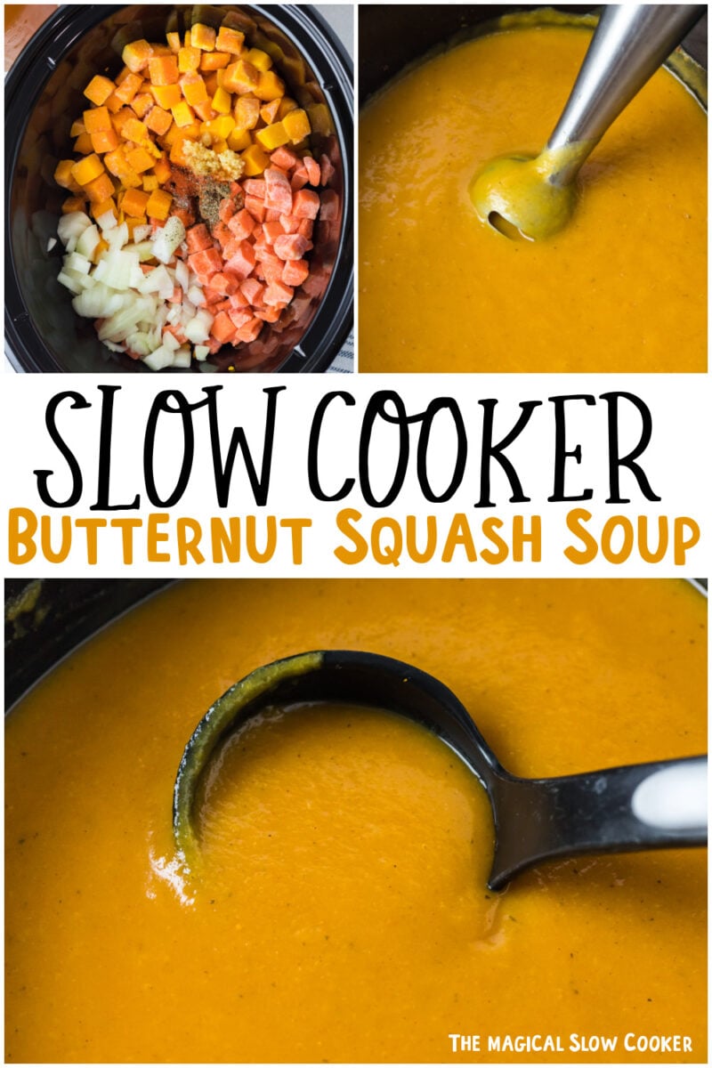 collage of butternut squash soup with text overlay for pinterest