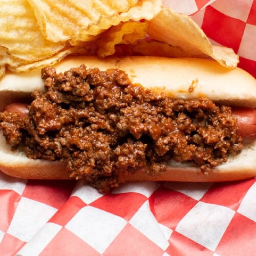 close up of a chili dog