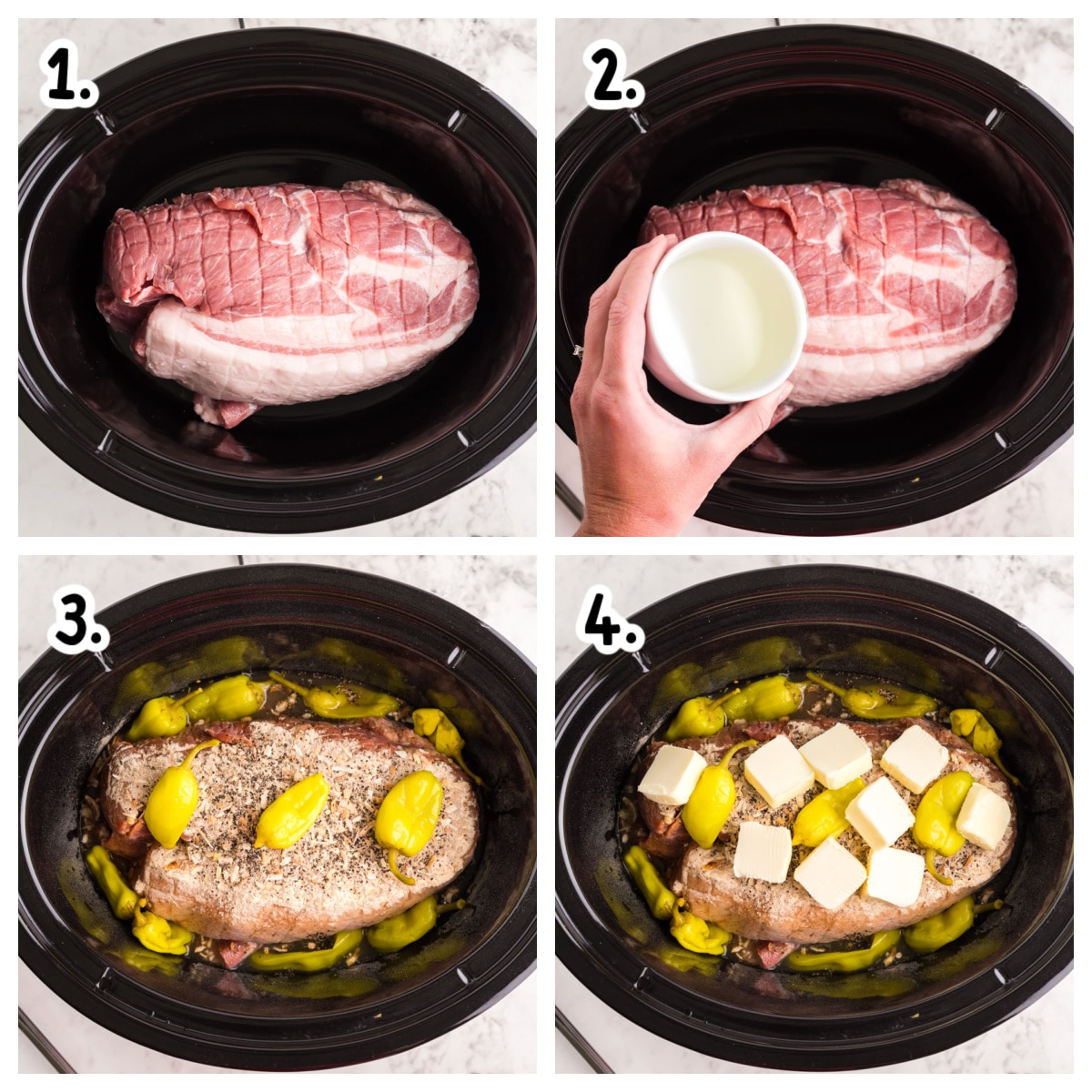 4 image collage of how to assemble mississippi pork roast
