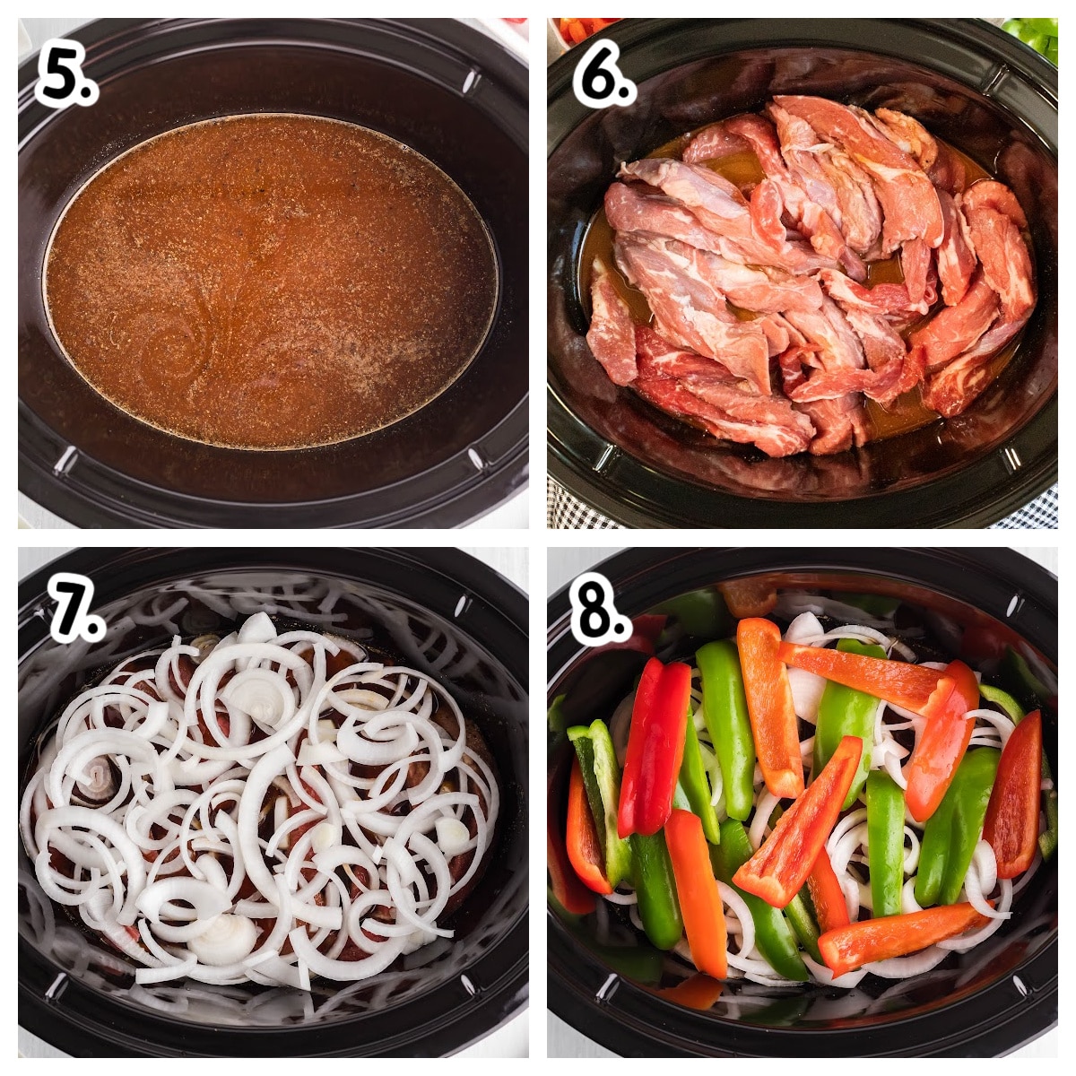 4 image collage about how to add ingredients for pepper steak to slow cooker