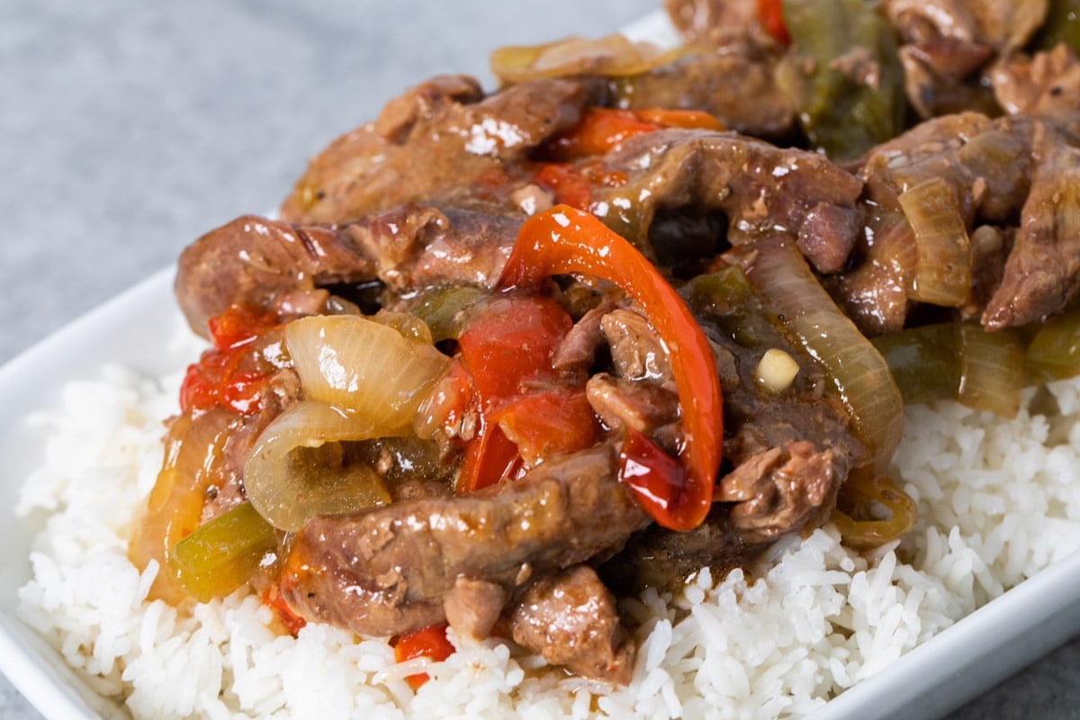 pepper steak on a bed of white rice