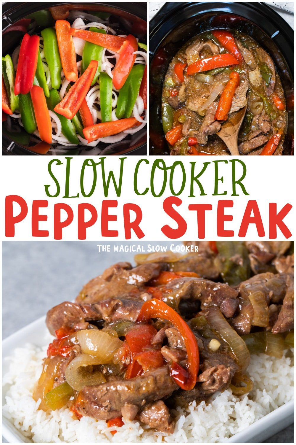 collage of pepper steak images with text overlay for pinterest