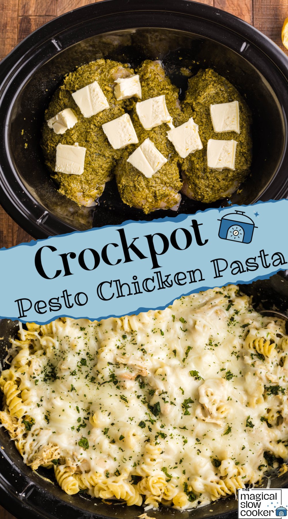 before and after cooking pesto chicken pasta.