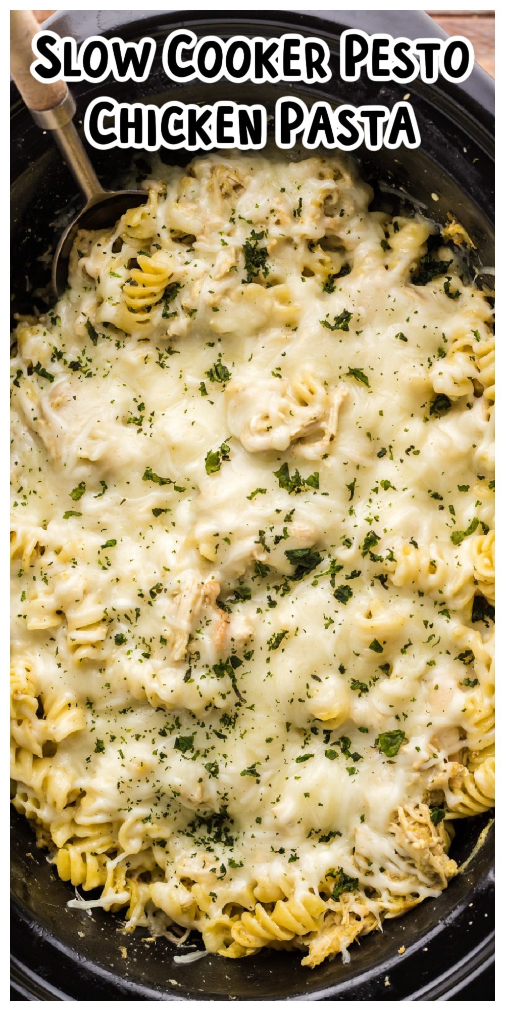long image of pesto pasta for pinterest