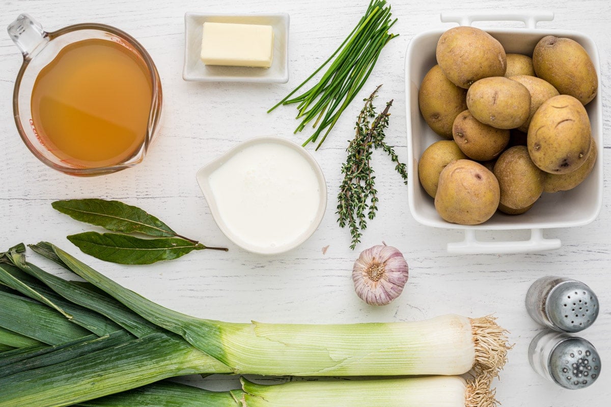 ingredients for potato leek soup on table