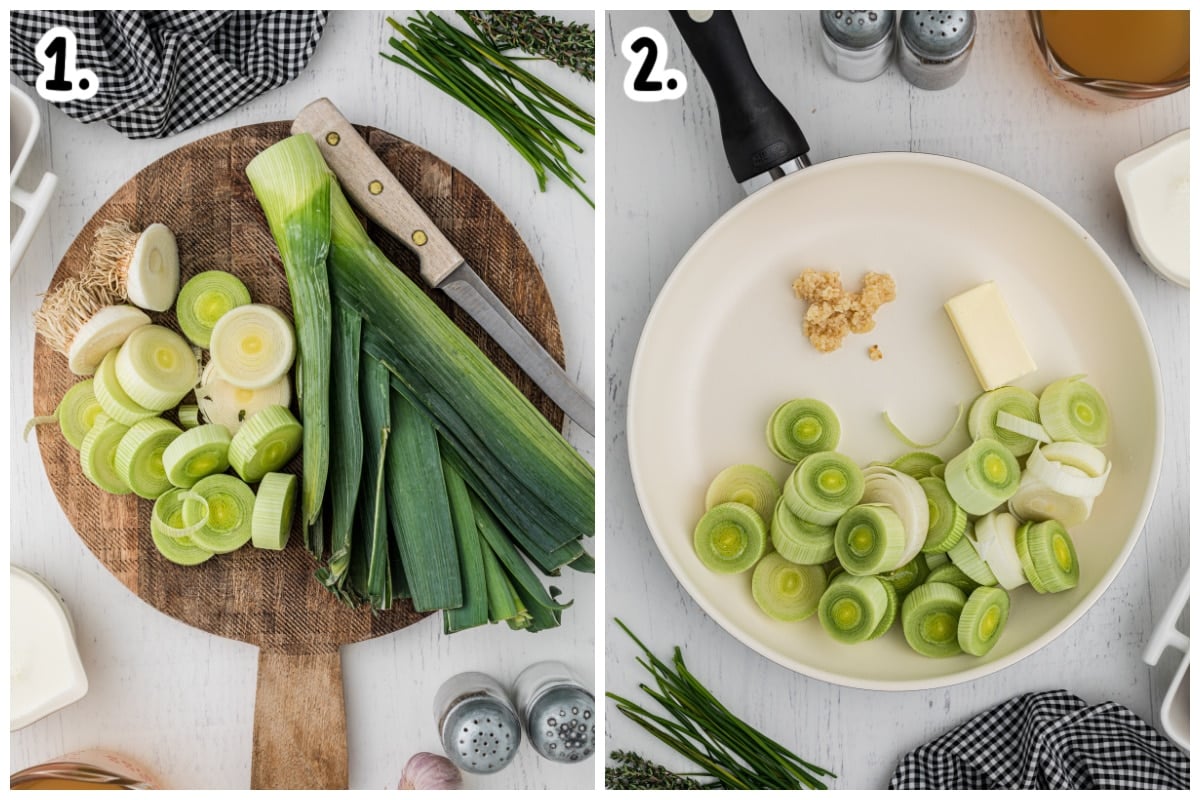 leeks on cutting board, and leeks butter and garlic in skillet