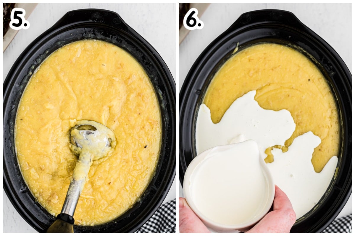 potato leek soup being blended and cream being added