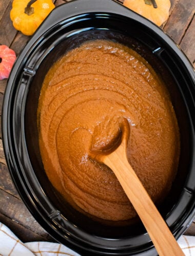 close up of pumpkin butter in slow cooker
