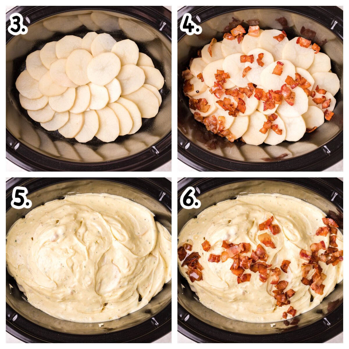 4 image collage about how to add ingredients to slow cooker for scalloped potatoes