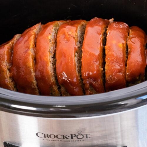 sliced meatloaf in slow cooker