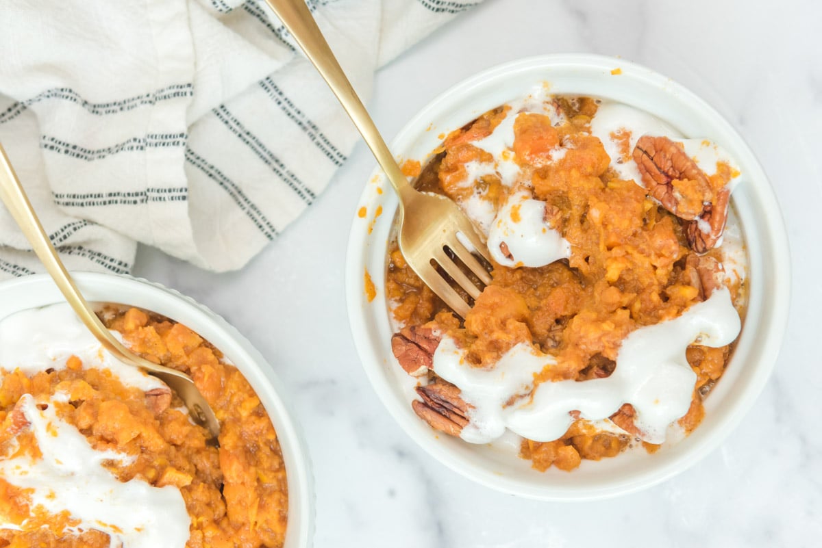 2 bowls of sweet potato casserole