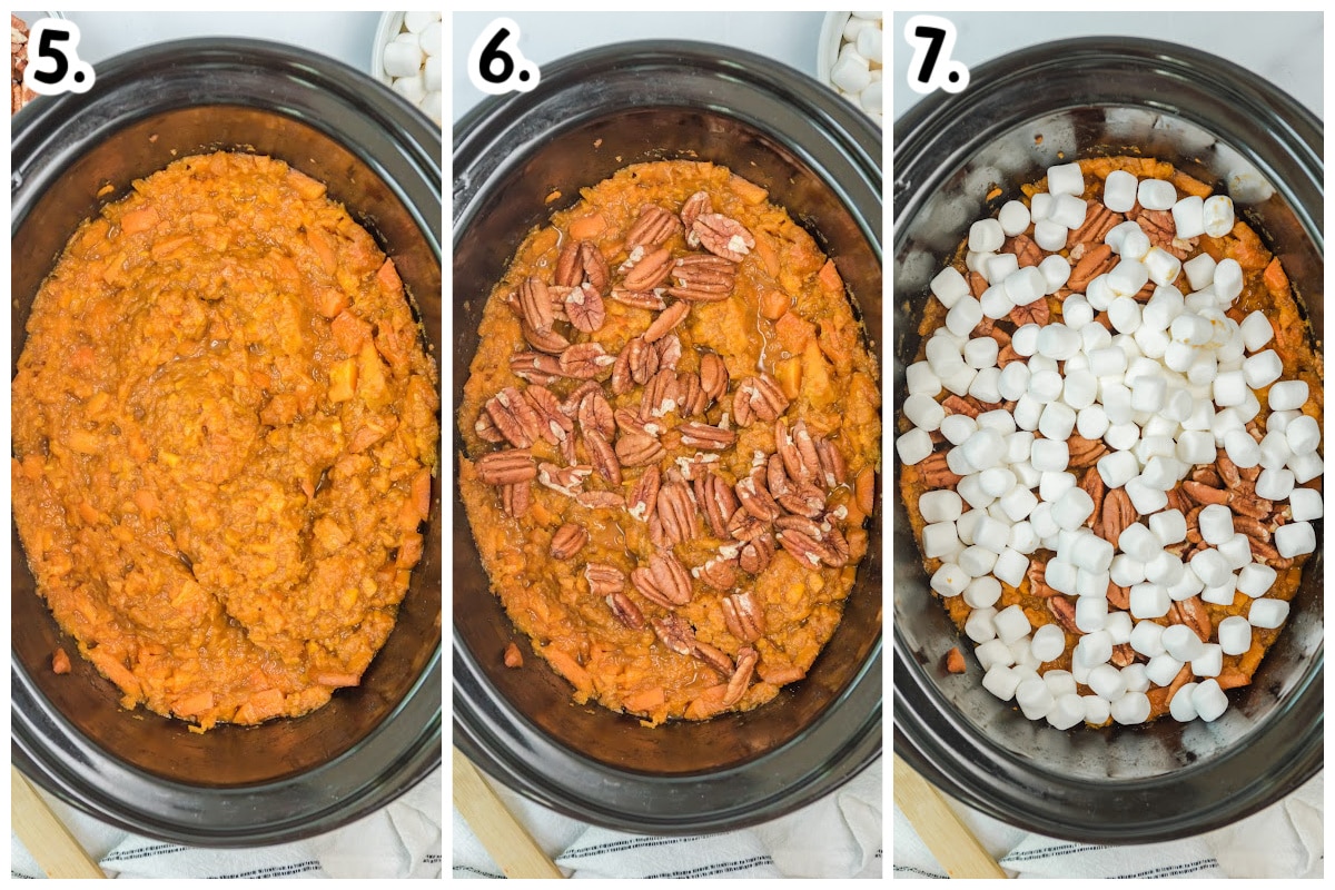 3 image collage of how to assemble sweet potato casserole after cooked