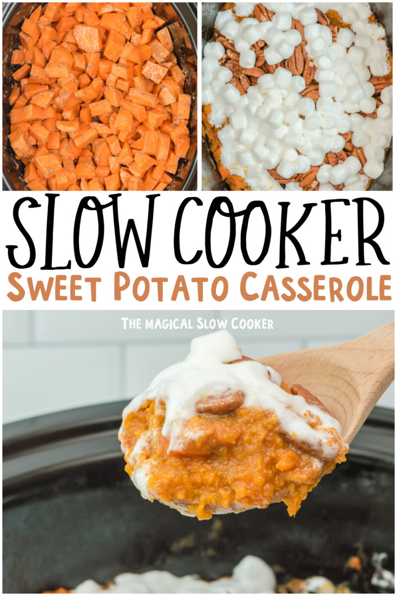 collage of sweet potato casserole with text overlay for pinterest