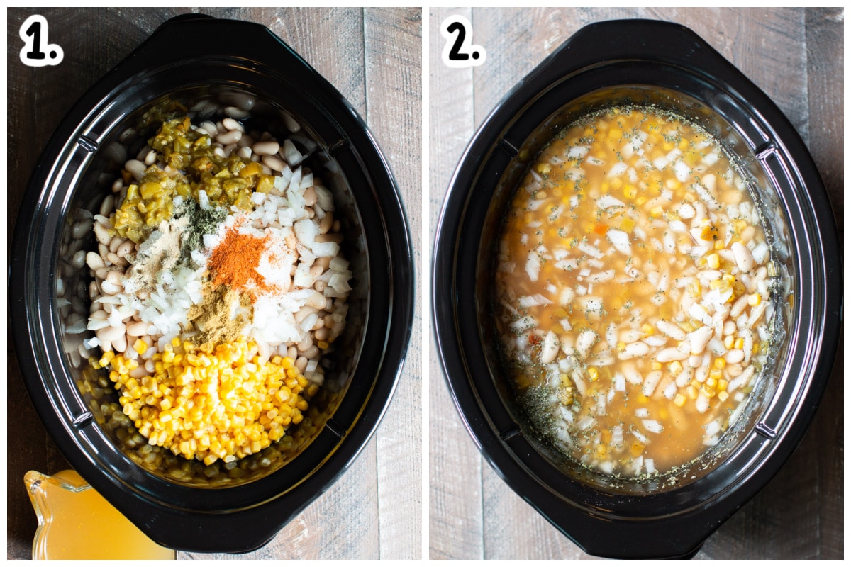 2 photos of white chili ingredients before cooking in slow cooker