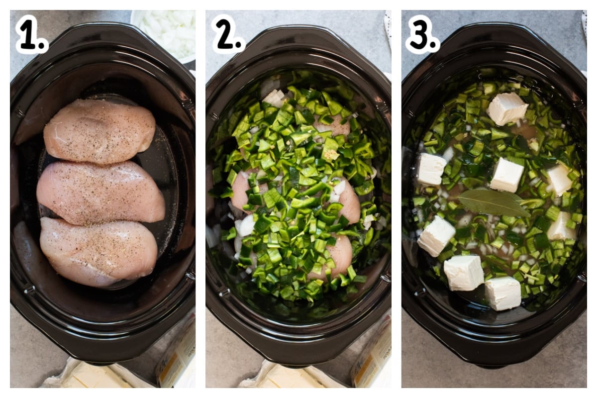3 image collage on how to add ingredients to slow cooker for chile relleno soup
