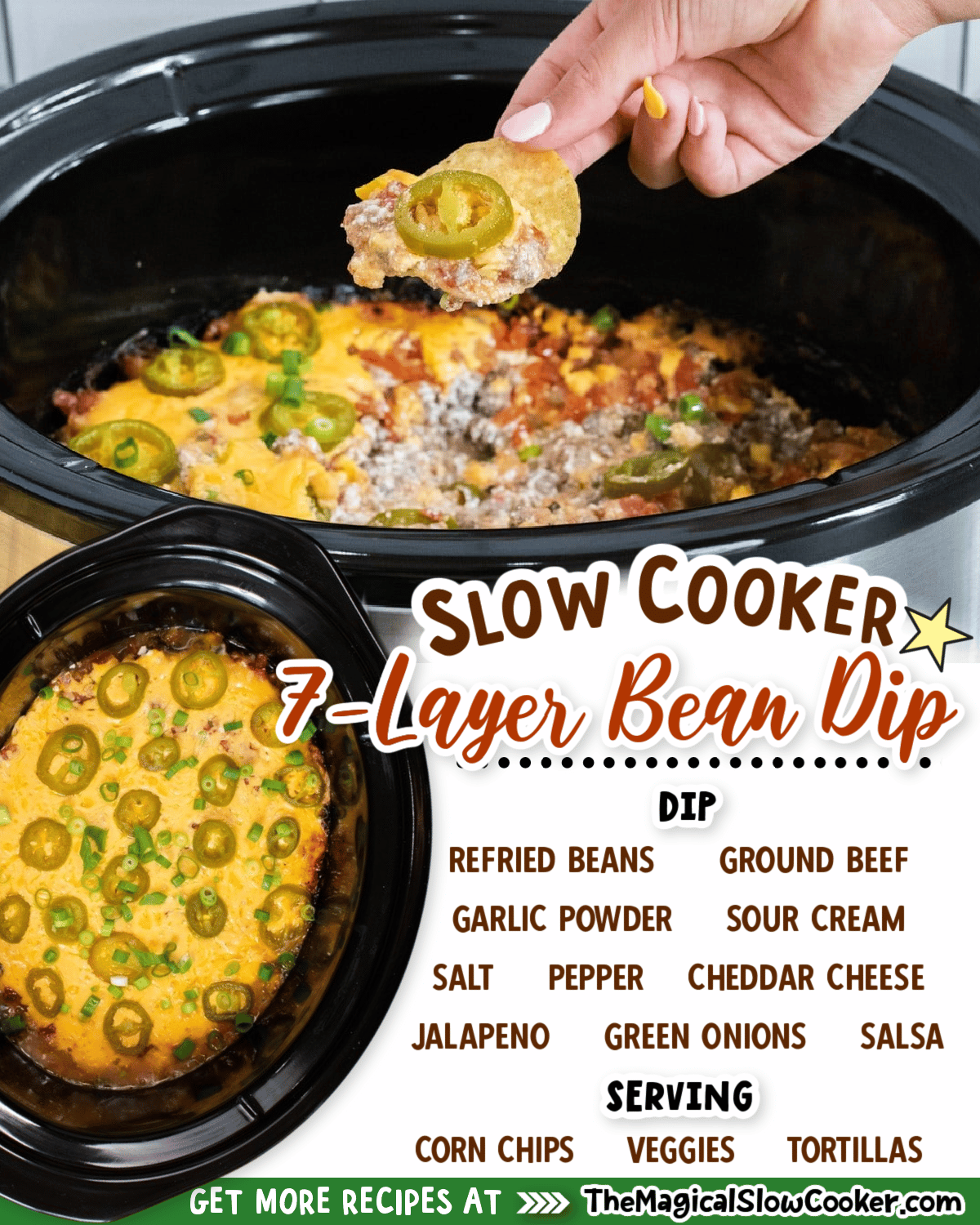 Collage of 7 layer bean dip with ingredient text for pinterest