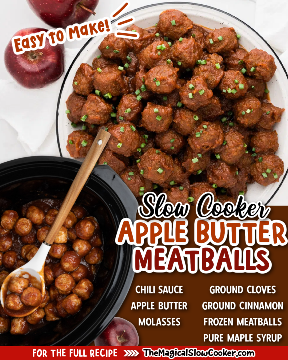 collage of apple butter meatballs with text of what ingredients are needed.