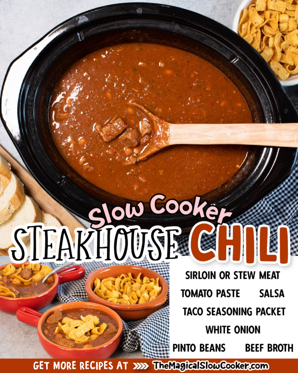 Collage of steakhouse chili images with text of what ingredients are.