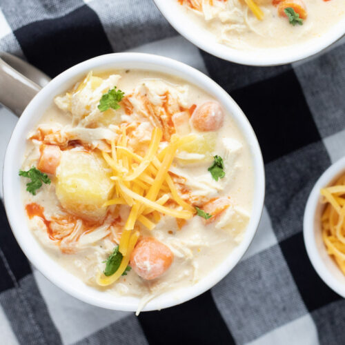 overhead shot of buffalo chicken soup a bowl.