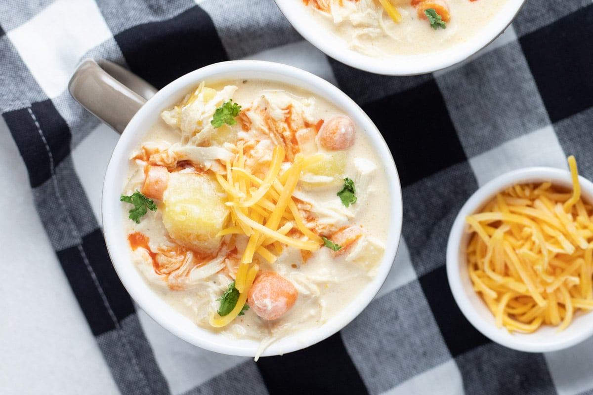 overhead shot of buffalo chicken soup a bowl.