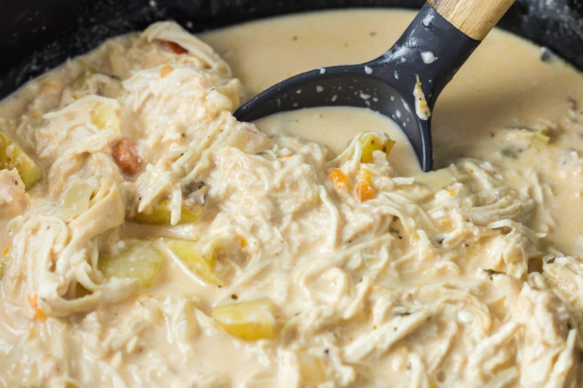 close up of buffalo chicken soup with spoon in it