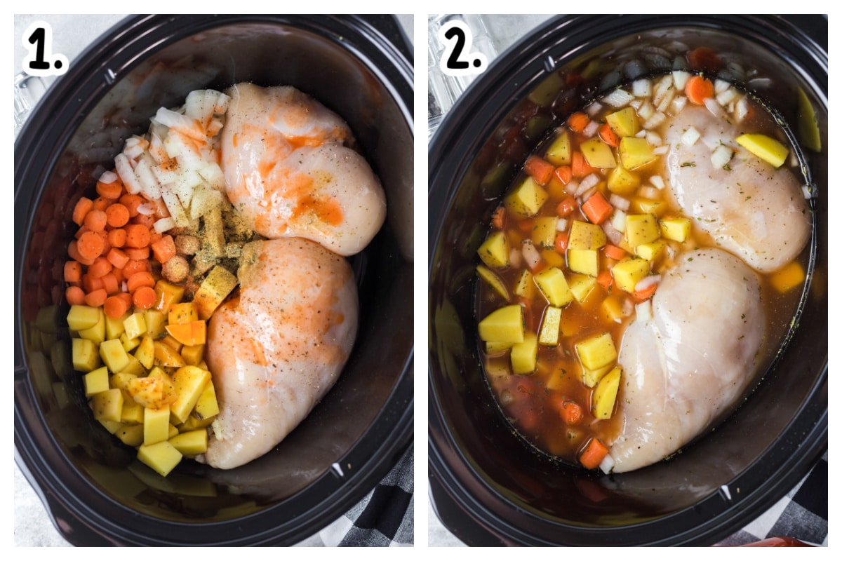 2 image collage on how to put ingredients for buffalo soup in slow cooker