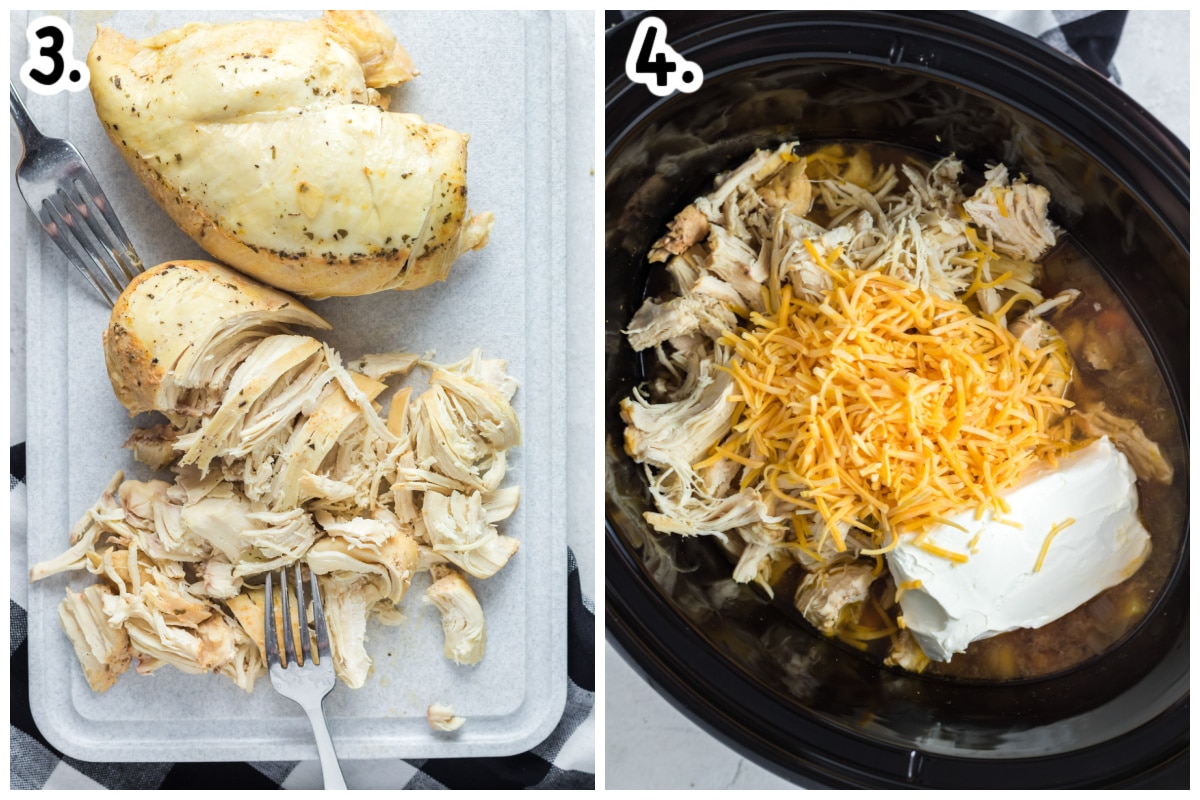 2 image collage on how to shred chicken and adding cream cheese and cheddar cheese to slow cooker