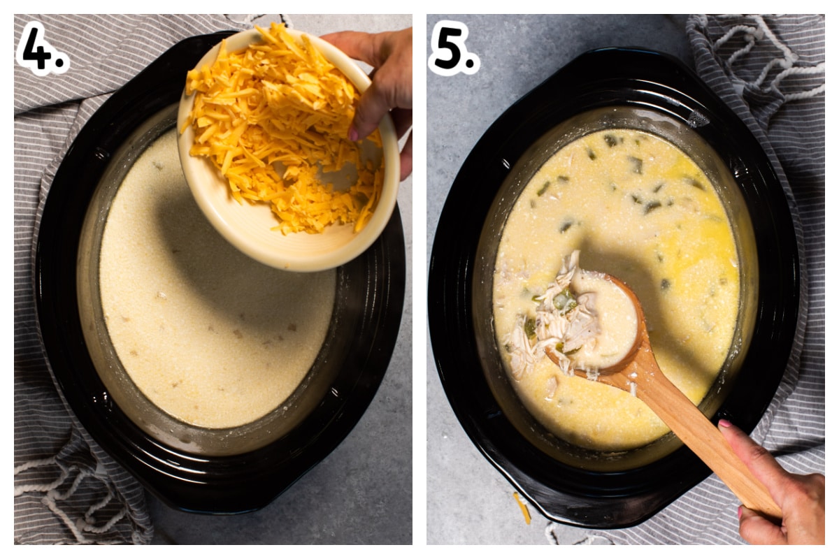 2 images, one of cheese being added to creamy soup and the other of soup on a spoon