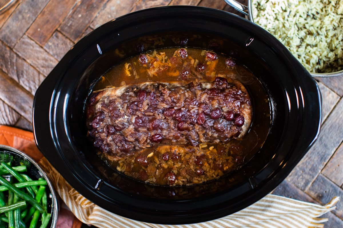 cooked cranberry pork loin in slow cooker