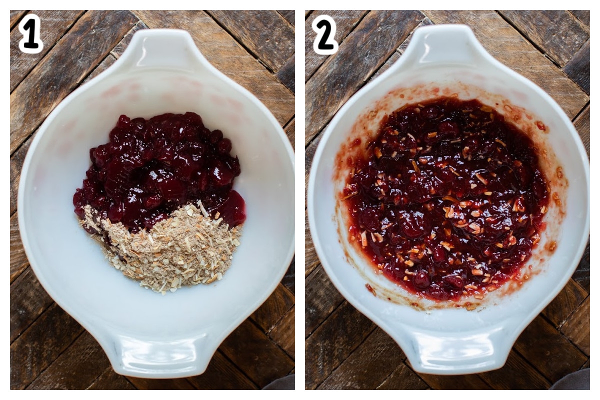 cranberry sauce and onion soup mix in a bowl.