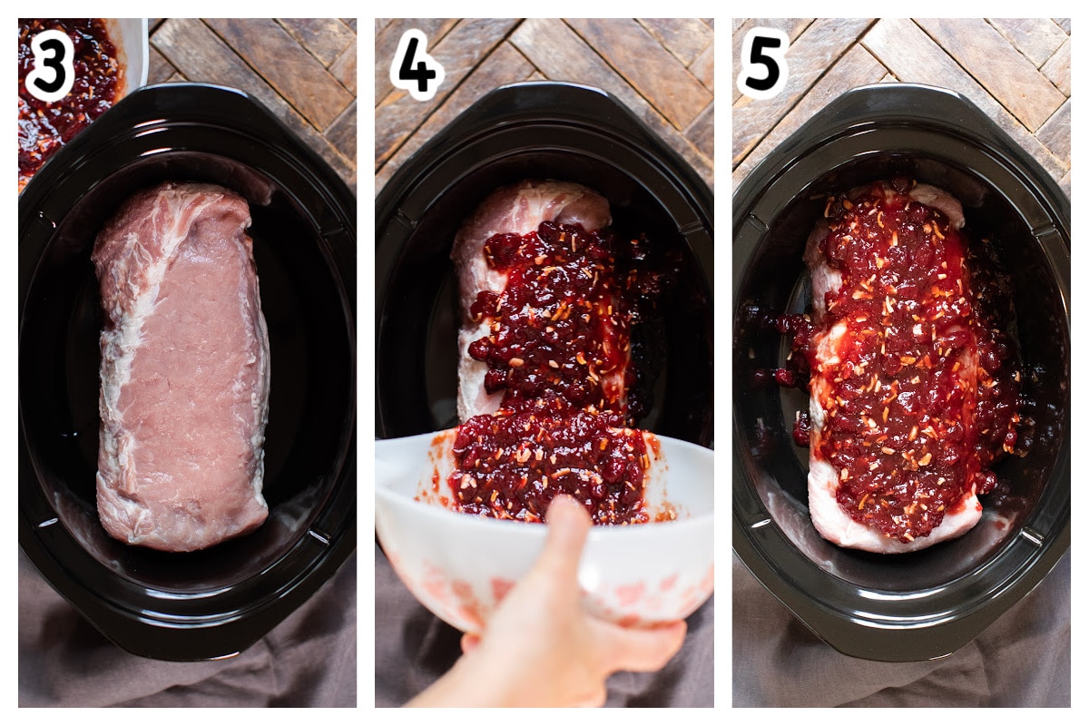collage on how to add pork and cranberry onion sauce to slow cooker