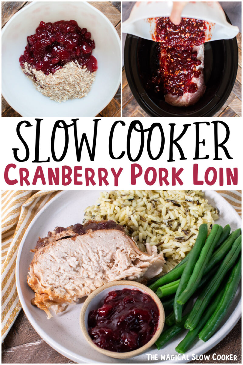 collage of cranberry pork loin with text overlay for pinterest