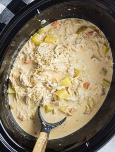 buffalo chicken soup in a slow cooker with a spoon.