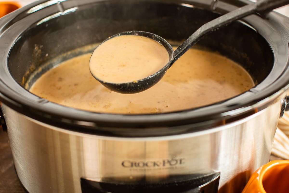 scoop of pumpkin spice lattes coming from slow cooker