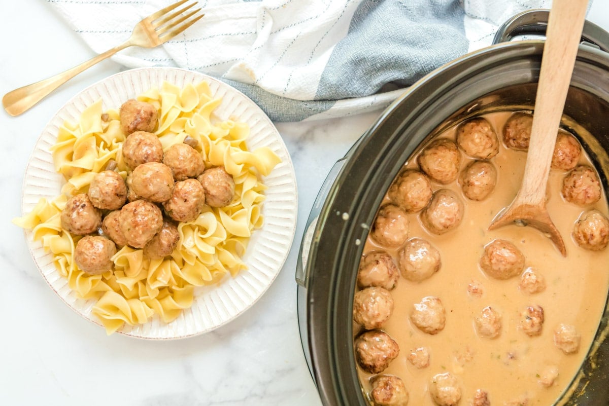 meatballs in slow cooker and meatballs on noodles on a plate.