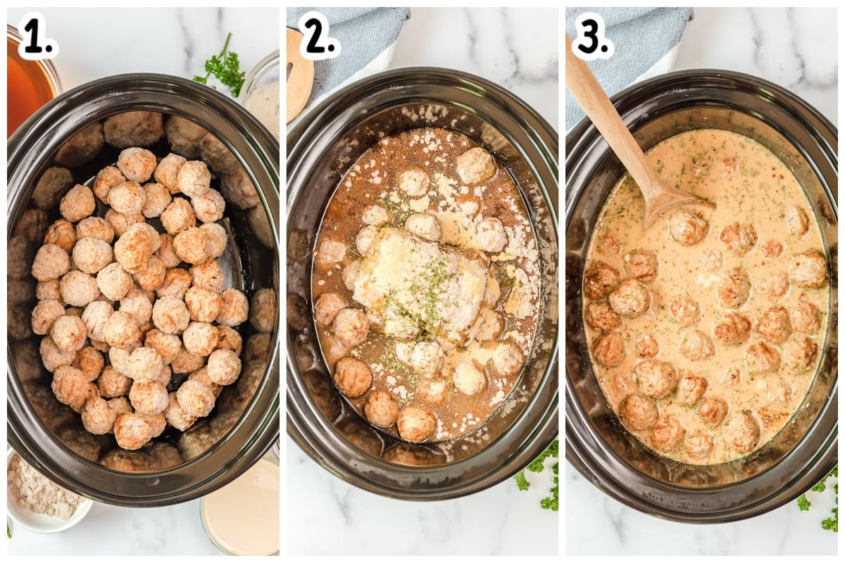 collage of how to add swedish meatball ingredients to slow cooker