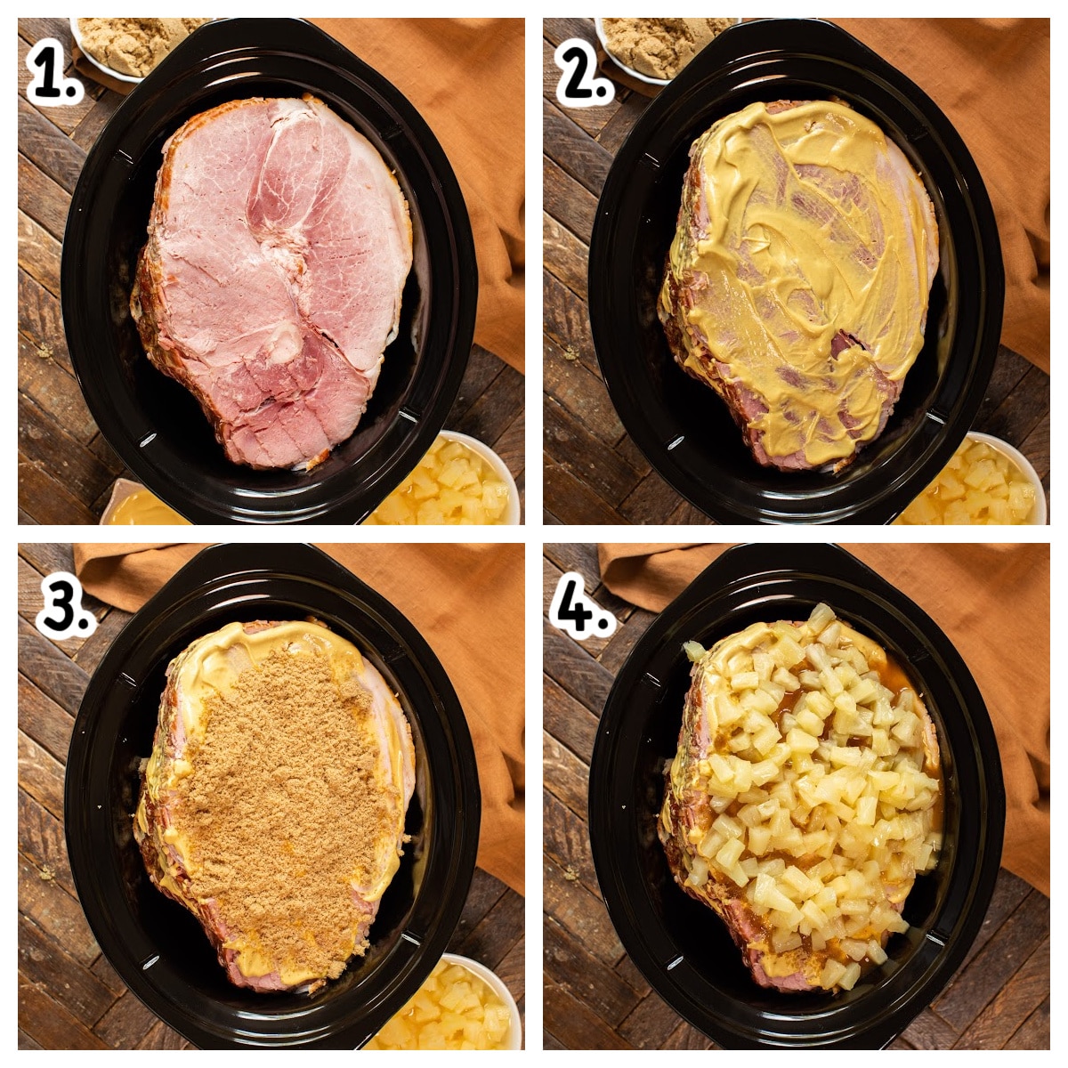 4 images showing how to top ham with mustard, brown sugar and pineapple.