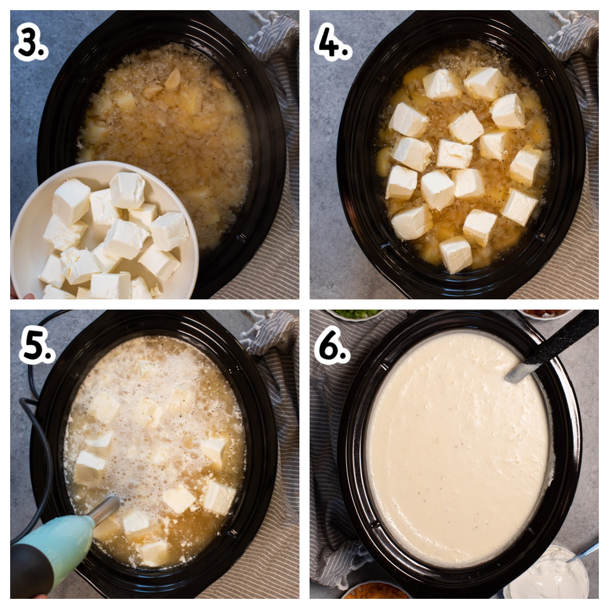 image collage on how to blend the baked potato soup