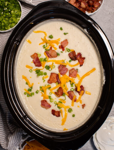 Close up of baked potato soup in slow cooker