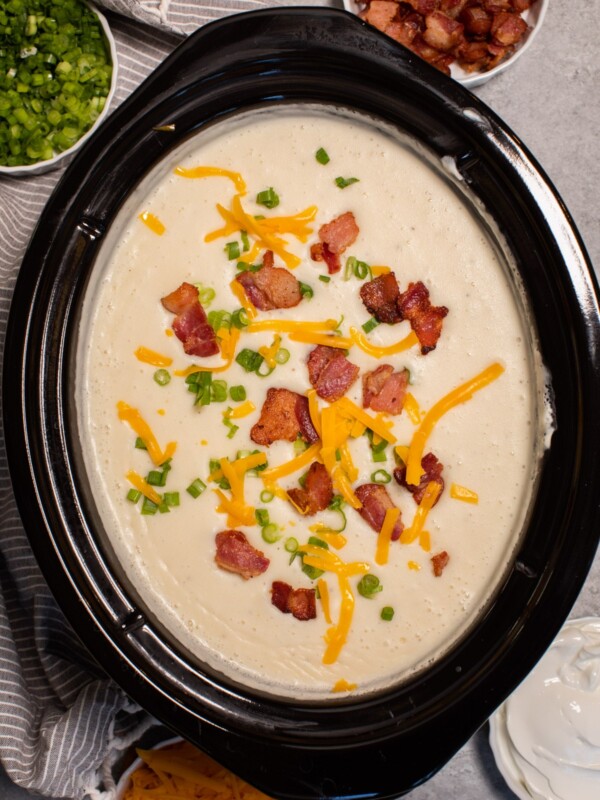 Close up of baked potato soup in slow cooker