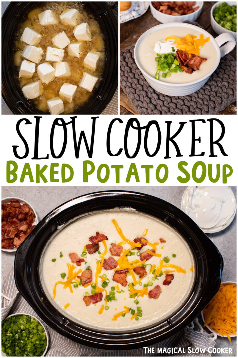collage of baked potato soup images with text overlay for pinterest