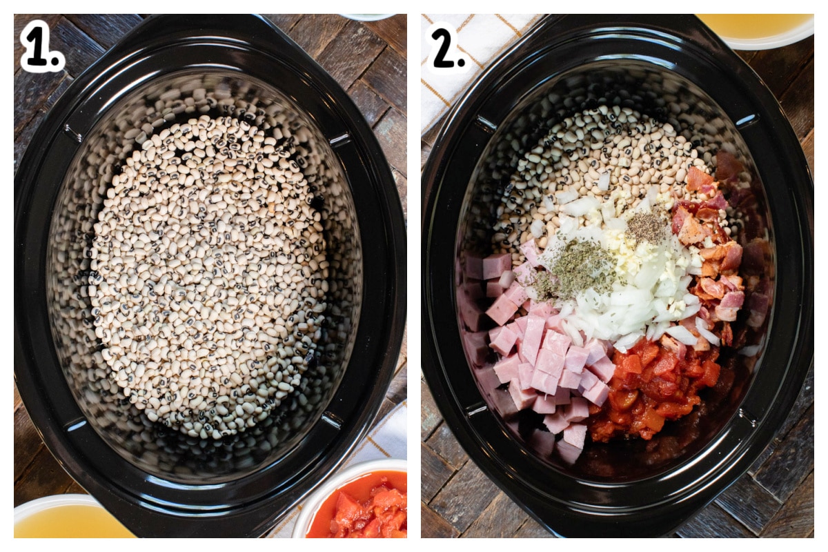 2 images on how to add ingredients to slow cooker for black eyed peas