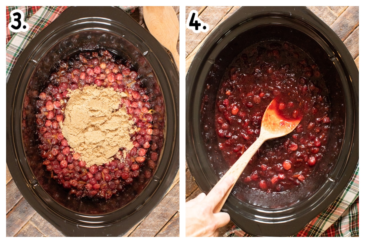 brown sugar and cooked cranberries in slow cooker, 2 image collage
