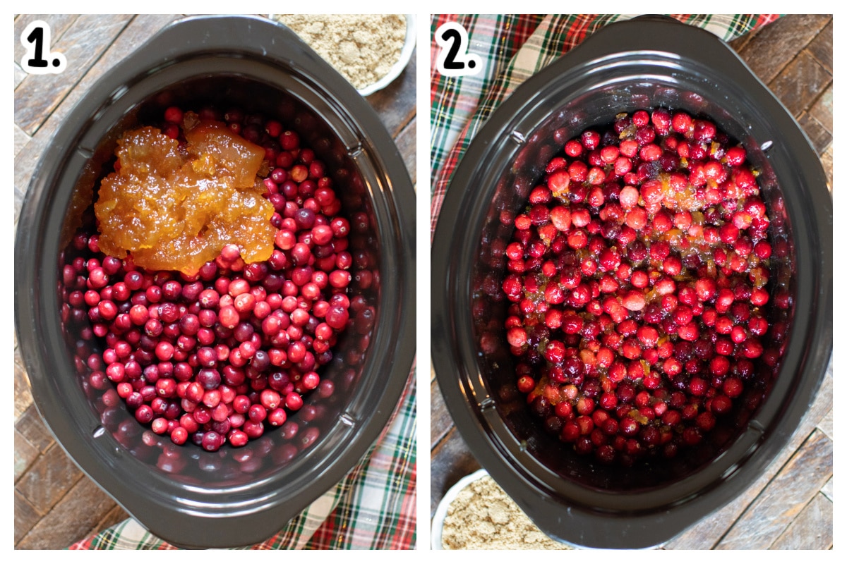 2 images of cranberries and orange marmalade in slow cooker